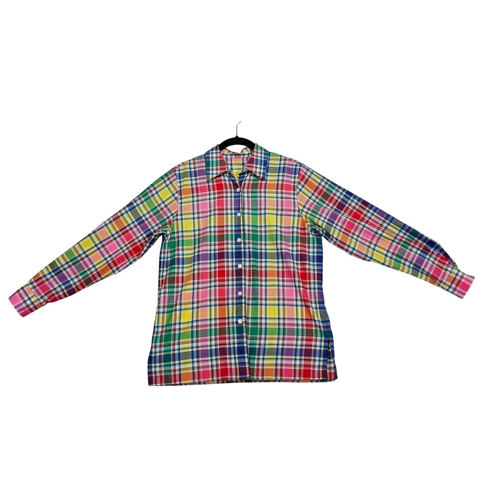 Foxcroft Womens Blouse 4P XS Button Up Shirt Plaid Wrinkle Free Yellow Pink Blue
